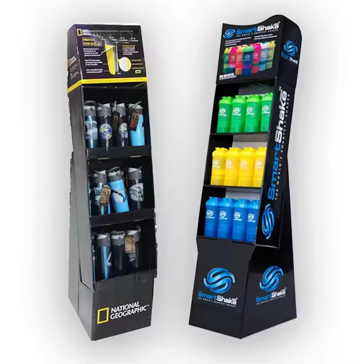 Custom Laminated Cardboard Display Rack for Supermarket Beverage Promotions Including Coffee and Water Cups